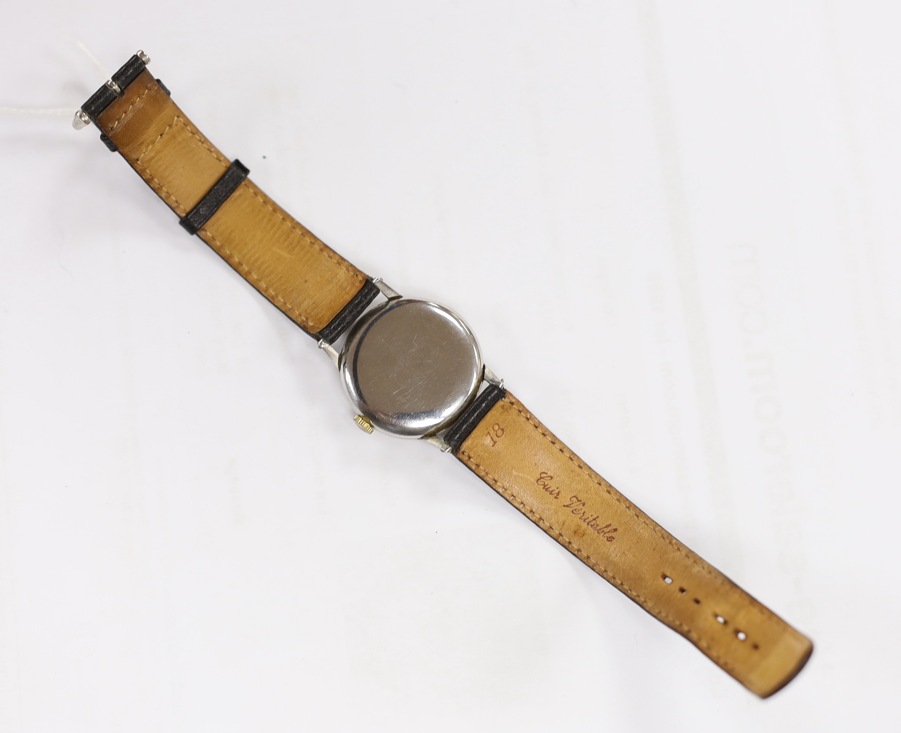 A gentleman's mid 1940's steel Omega non magnetic manual wind wrist watch, movement c.26.5 T3, case diameter 30mm, on associated leather strap.